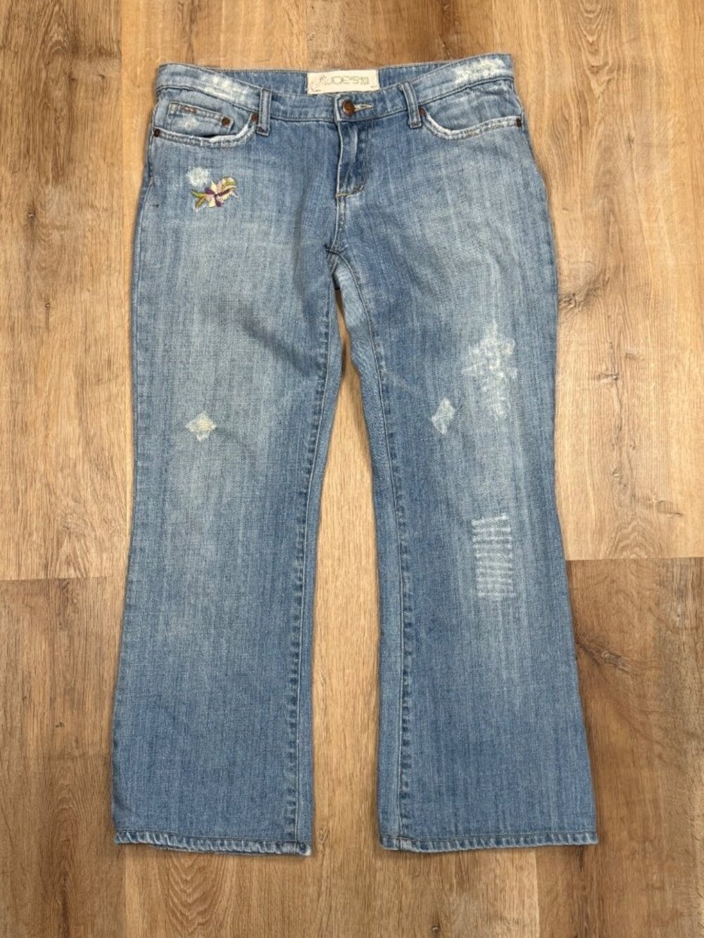 Vintage Y2K Floral Embroidered Bootcut Jeans Distressed Boho Hippie Denim 29